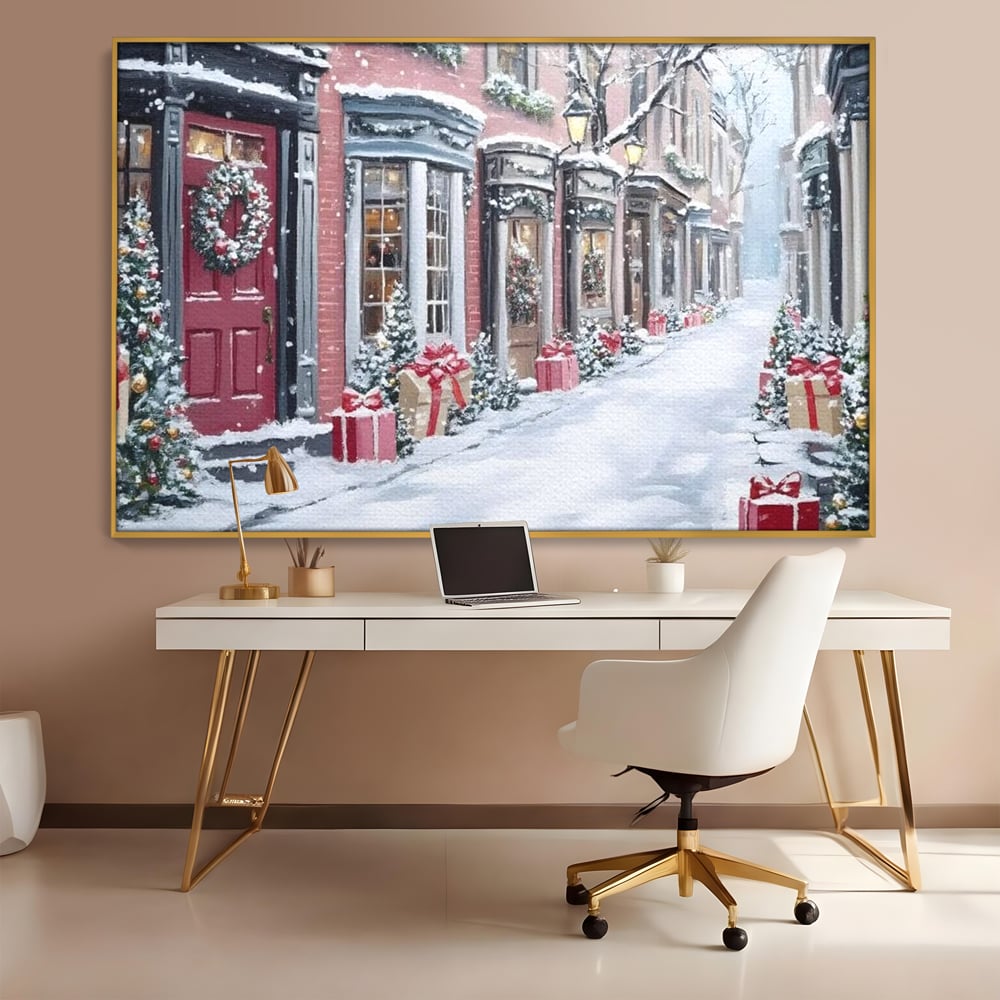 Tablou canvas cu tablou canvas cu strada urbana de iarna, in rama de aluminiu auriu, pe perete intr-un birou